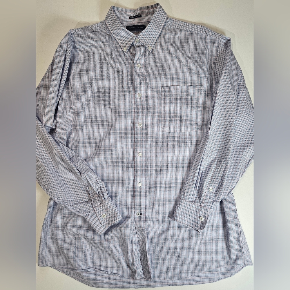 Tommy Hilfiger Dress Shirt Mens XL Pink Blue Regular Fit Stretch Office Career - Picture 3 of 7